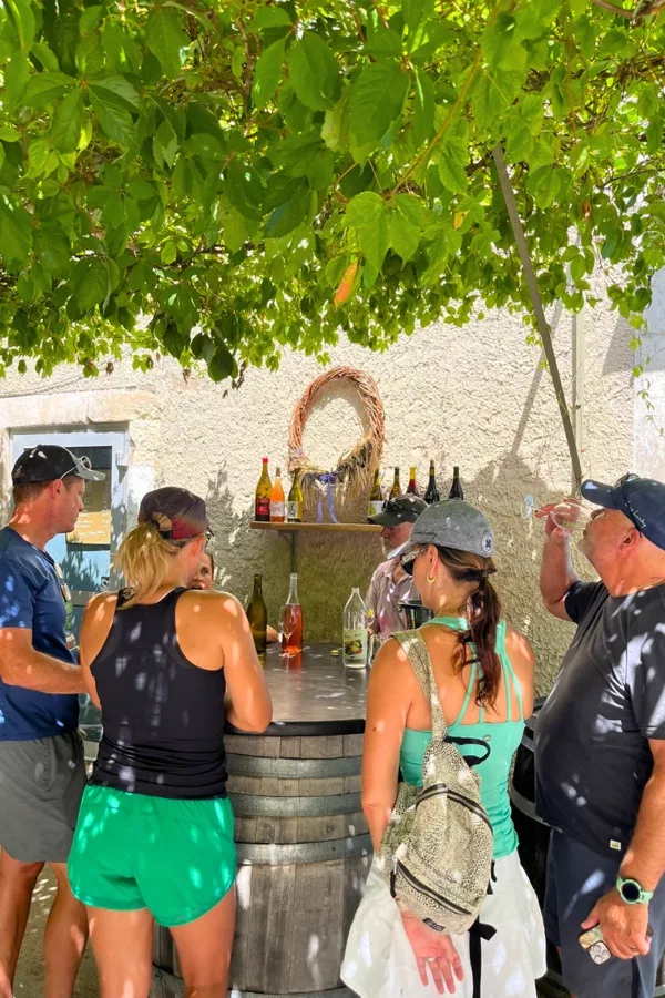Dégustation de vin chez un vigneron du Luberon pendant une sortie à vélo électrique